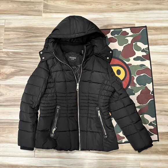 Guess Jackets & Blazers - Black Guess Hooded Puffer Jacket with silver zippers